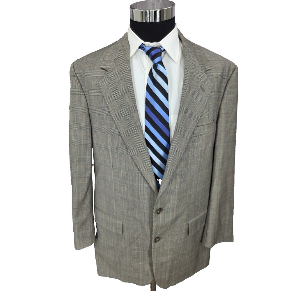 Bill Blass Blazer Jacket Mens 44 Gray Glenplaid Sports Coat Wool USA 2 Buttons